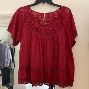 Free People • Maroon Lace & Crochet Shirt • Size S